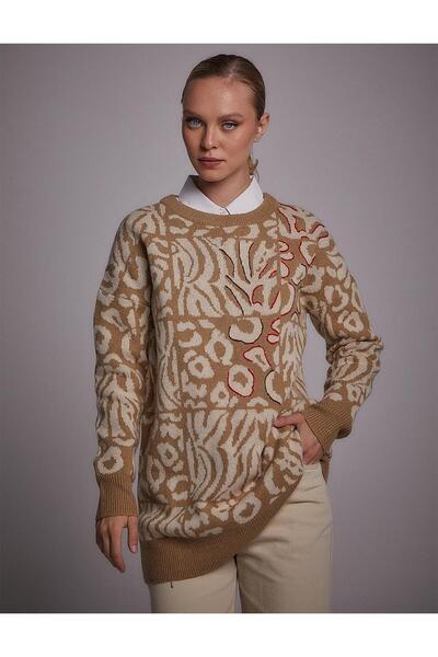 Kayra Exclusive Soyut Desenli Triko Tunik Bej-Ekru