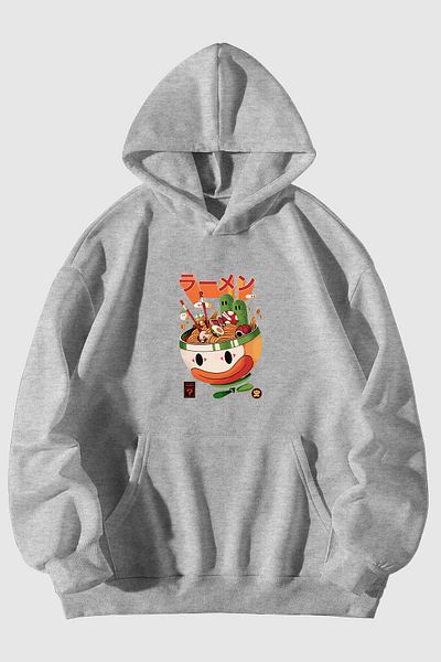 Harmandar Unisex Μαύρο φούτερ με κουκούλα Ramen με στάμπα - Φούτερ με κουκούλα καγκουρό