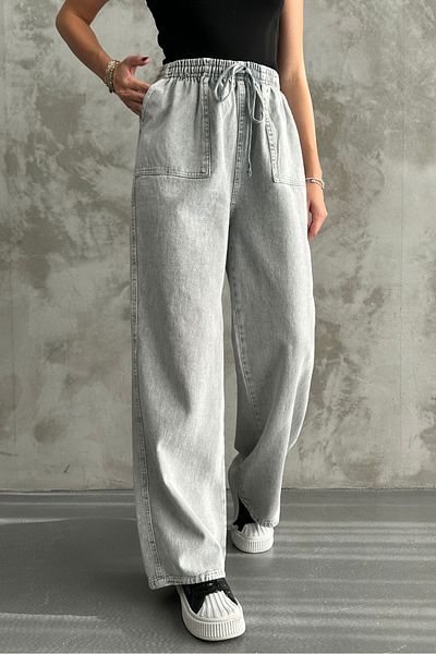 macharel jeans Gray Waist Elastic Wide Leg Pocket Trousers