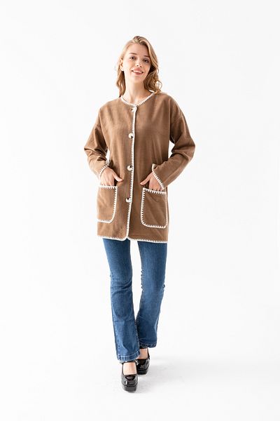 EtkiModa Women's Light Brown Scarf Suit Edges Embroidered Long Sleeve Fleece Cardigan