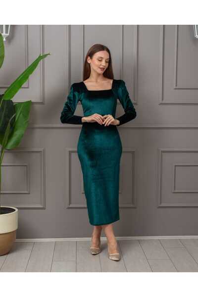 CİXAPLE Βελούδινο φόρεμα Lycra με τετράγωνο γιακά