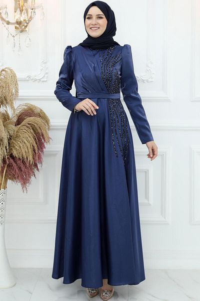 Amine Hüma Βραδινό φόρεμα Armağan Satin Navy Blue
