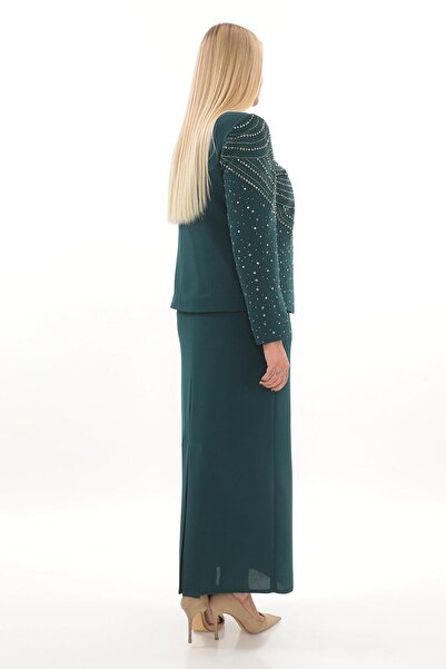 MİSS DİAMOND Stone Embroidered Long Sleeve Crepe Fabric Green Triple Skirt Suit