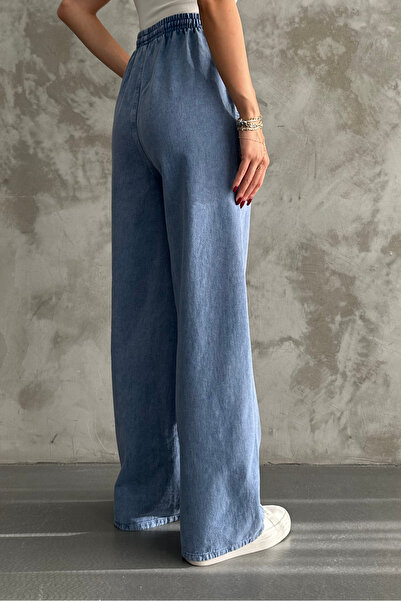macharel jeans Mavi Bel Elastik Geniş Paça Cepli Pantolon