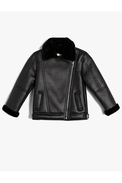 Koton Biker Jacket - Δερμάτινη εμφάνιση, ψεύτικη γούνα, λεπτομέρεια γιακά και φερμουάρ