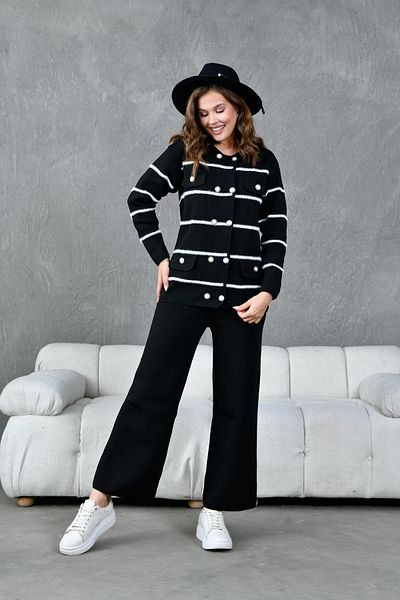 Miss Allos Women's Shiny Button Detailed Striped Knitwear Cardigan and Trousers Bottom and Top Set