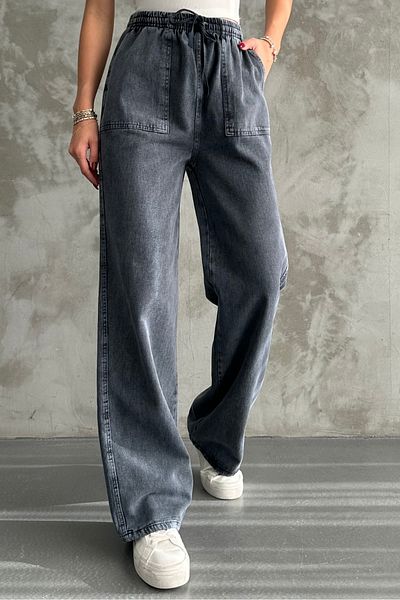 macharel jeans Anthracite Waist Elastic Wide Leg Pocket Trousers