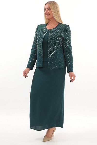 MİSS DİAMOND Stone Embroidered Long Sleeve Crepe Fabric Green Triple Skirt Suit