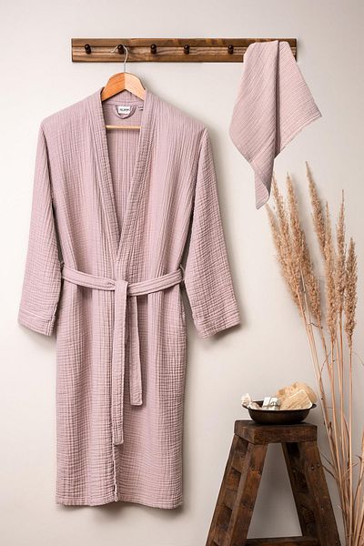 Denizli Concept Σετ μπουρνούζι και πετσέτας Unisex Kimono Muslin σε χρώμα πούδρας