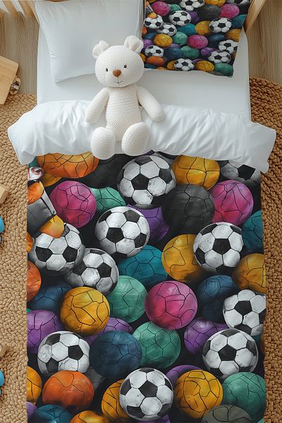 Else Dekor Colorful Balls Football Patterned Boys' Single Duvet Cover Set with Pillowcase