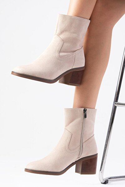 Mio Gusto Amory Bej Renk Fermuarlı, İnce Suni Kürk Astarlı Kalın Topuklu Kadın Bot