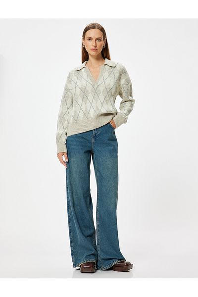 Koton Polo Collar Diamond Patterned Soft Knitwear Sweater