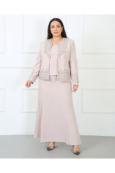 MİSS DİAMOND Long Sleeve Embroidered Jacket Skirt Blouse Beige Triple Set