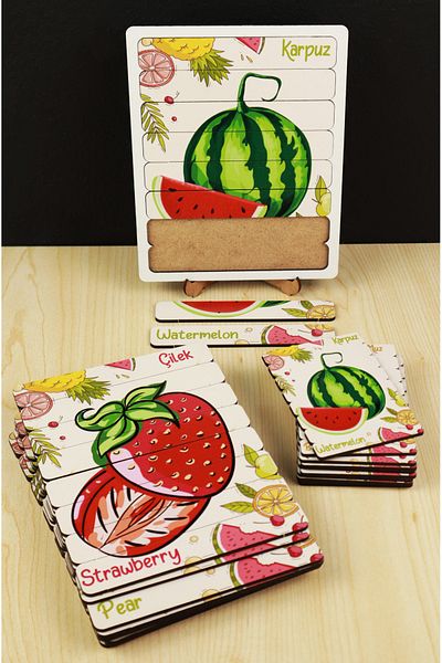 kutuTR Set of 10 Wooden Stick Puzzle - Fruits and Montesorri Design