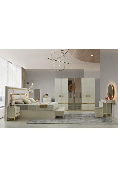 Avm 24 BELİZE YATAK ODASI-MDF-KUM BEJİ-6 KAPAKLI VE AYNALI-BAZASIZ TRAVERSLİ-...