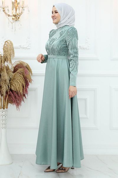 Amine Hüma Βραδινό φόρεμα Asia Satin Çağla Green
