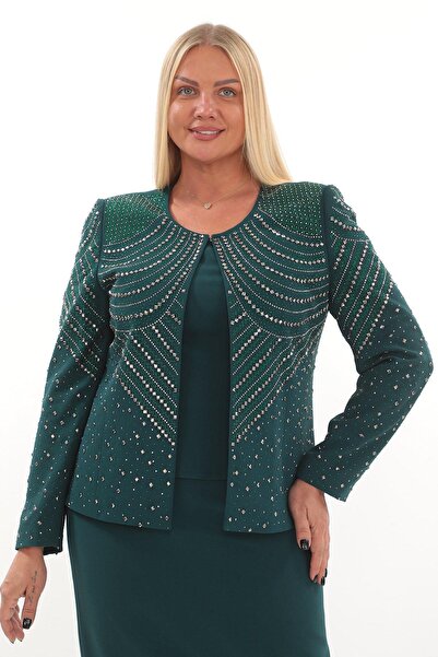 MİSS DİAMOND Stone Embroidered Long Sleeve Crepe Fabric Green Triple Skirt Suit