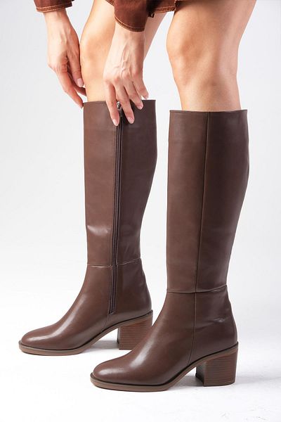 Mio Gusto Albertine Brown Zippered Thin Faux Fur Lined Thick Heeled Women's Boots