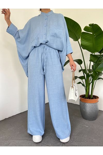 Modamorfo Blaues, lockeres Hemd-Set – doppelte Taschen, halbe Fledermausärmel