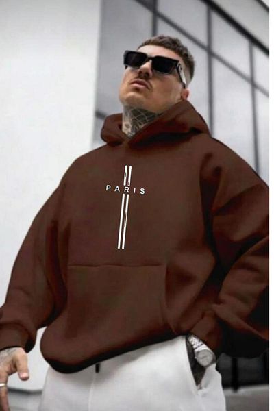 NO 601 Ανδρικό φούτερ με στάμπα καφέ Oversize Stripe Paris