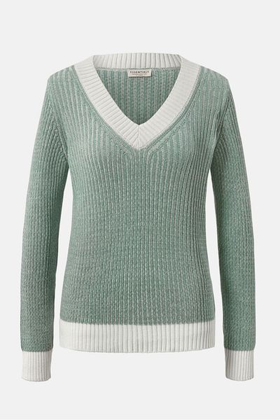 Tchibo Women V-neck Textured Knit Sweater, Green Combo
