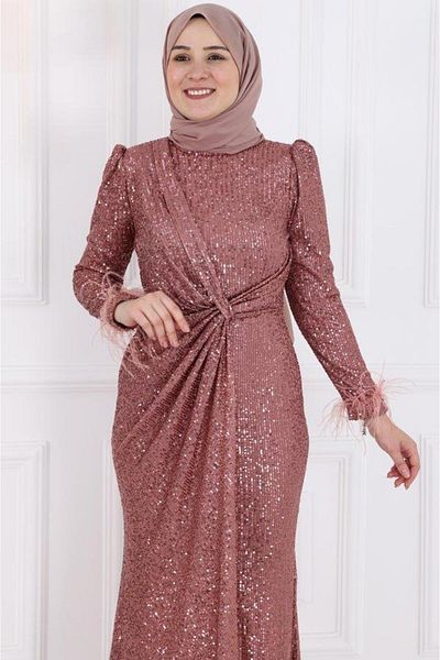Amine Hüma Dusty Rose Hijab βραδινό φόρεμα - İkbal Payetli