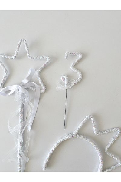 COOLMINIES Coroană pentru fetiță de 3 ani - Set de aniversare cu paiete, baghetă cu stea și ornament pentru tort - Hologramă albă