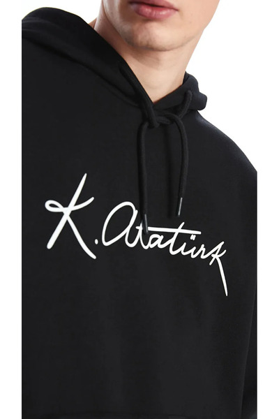 LC Waikiki XSIDE Yeni Siyah Uzun Kollu Atatürk İmzası Baskılı Erkek Hoodie