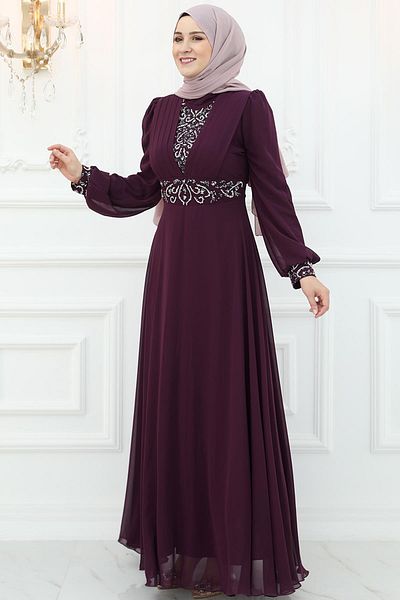 Amine Hüma Βραδινό φόρεμα σιφόν Plum Burçak