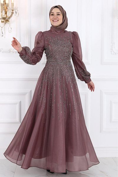 Amine Hüma Milena Hijab Evening Dress - Dried Rose Design