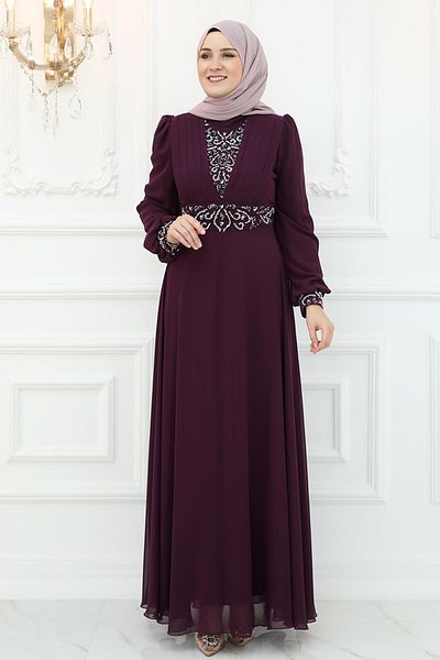 Amine Hüma Βραδινό φόρεμα σιφόν Plum Burçak