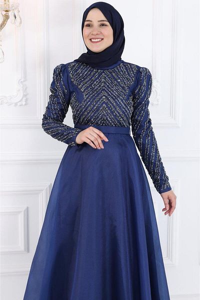 Amine Hüma Βραδινό φόρεμα με μπλέ Navy Neva Hijab