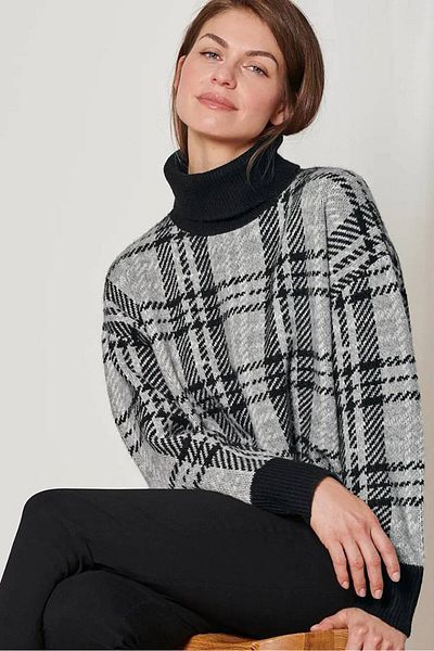 Tchibo Women Turtle Neck Plaid Long Sleeve Sweater, Grey