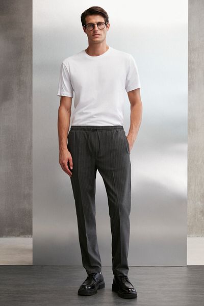 GRIMELANGE Blaz Men's Woven Waist Elastic Slim Fit Cut Cord Pocket Anthracite / Striped Trousers