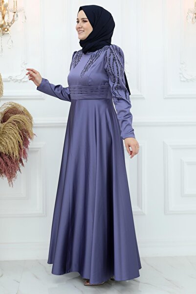 Amine Hüma Zeren Saten Abiye İndigo