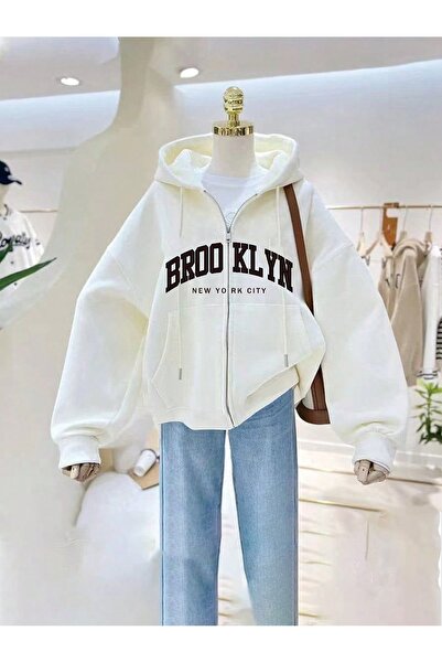 Know Γυναικεία ζακέτα με φερμουάρ με 3 κλωστές λευκή μπρούκλιν με στάμπα με κουκούλα