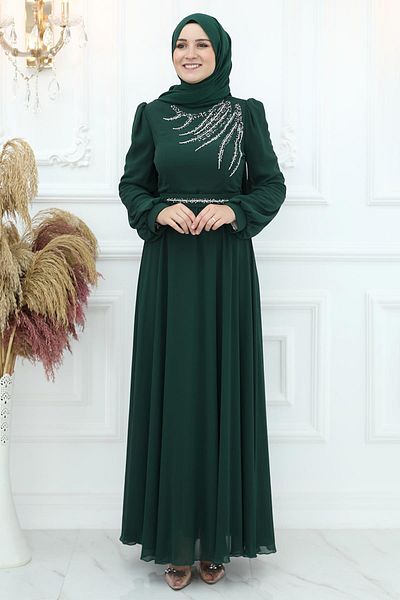Amine Hüma Βραδινό φόρεμα Belgin Chiffon Emerald