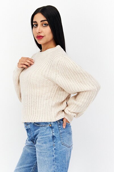 Tchibo Women Crew Neck Long Sleeves Knitted Sweater, Beige