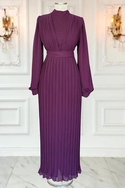 Amine Hüma Πλισέ Alina Hijab Βραδινό Φόρεμα - Plum
