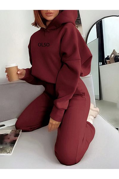 Know Women's Burgundy Olso Printed Hooded Bottom Top Tracksuit Set