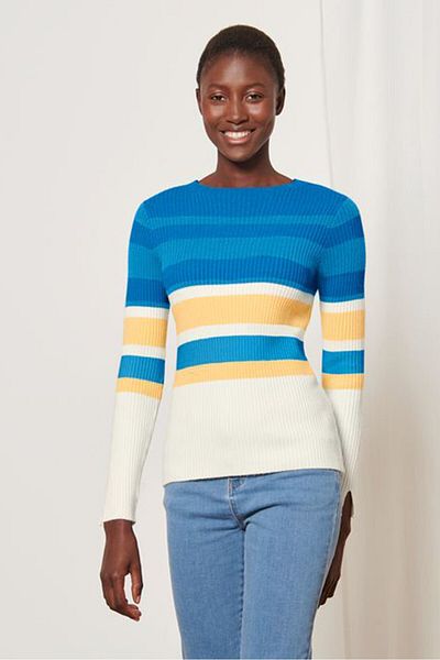 Tchibo Women Ribbed Stripe Long Sleeve Sweater, Blue