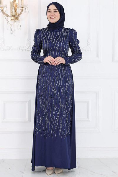 Amine Hüma Βραδινό φόρεμα με μπλέ Navy Didem Hijab