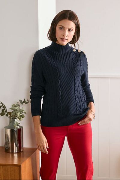 Tchibo Women Mock Neckline Long Sleeve Knitted Sweater, Navy