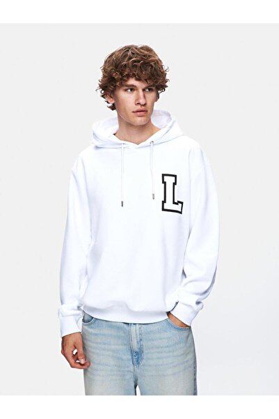 Ltb Baskılı Kapüşonlu Relaxed Beyaz Sweatshırt