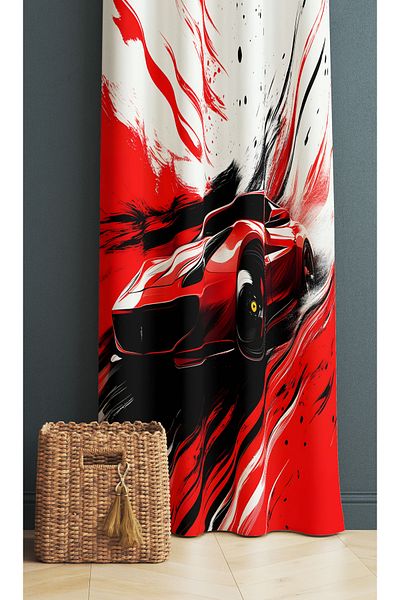Else Dekor Red Racing Car Patterned Boy's Room Background Curtain 140X260Cm