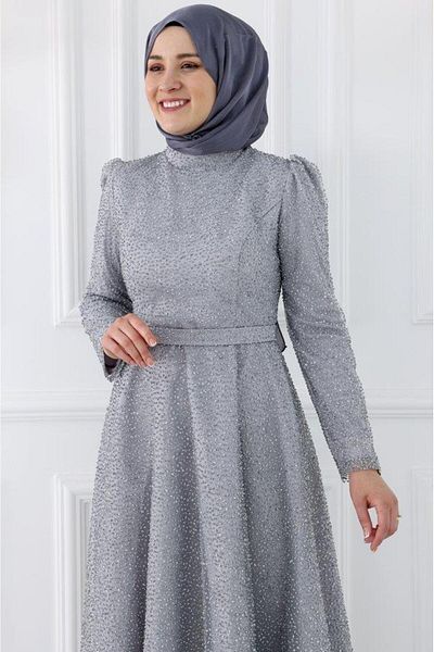 Amine Hüma Gray Aymira Hijab Evening Dress