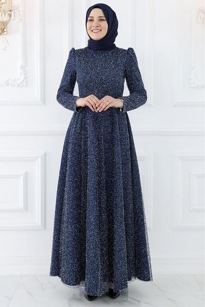 Amine Hüma Navy Blue Aymira Hijab Evening Dress