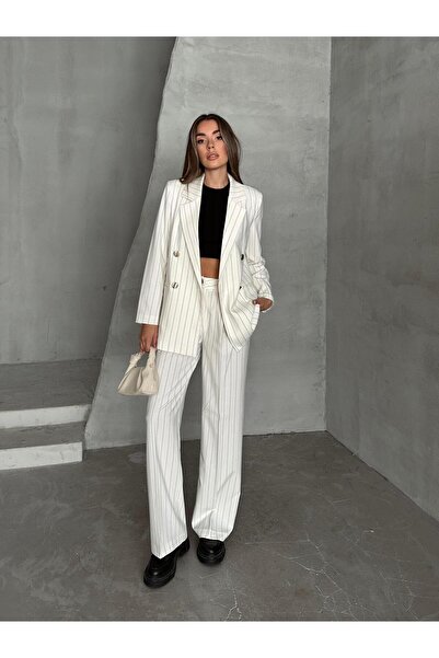 SEDA FİDAN BOUTIQUE Striped Luxury Jacket Trouser Set Ecru