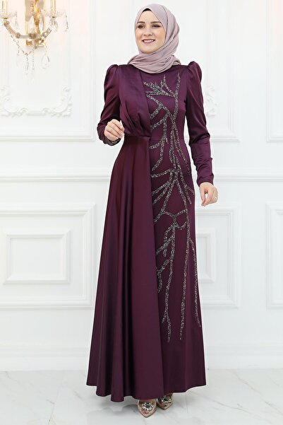 Amine Hüma Burçin Satin Evening Dress Plum