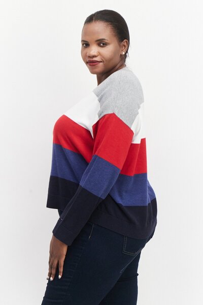 Tommy Hilfiger Women Round Neck Long Sleeve Colorblock Sweater, Grey Combo